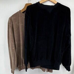 Norm Thompson Velour Crew Neck Sweatshirts Lot of 2 Tan/Black Men L Grunge Soft
